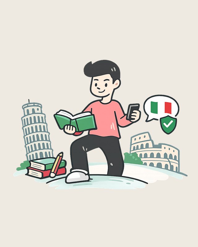 Illustrazione: uno studente con un libro di italiano e il telefono, tra la Torre di Pisa e il Colosseo.