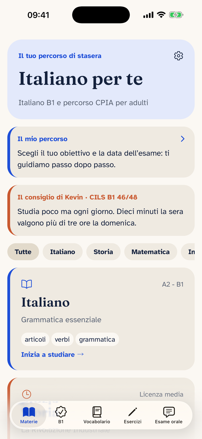 La schermata iniziale di Italiano per te: le materie del CPIA e il percorso verso il B1.